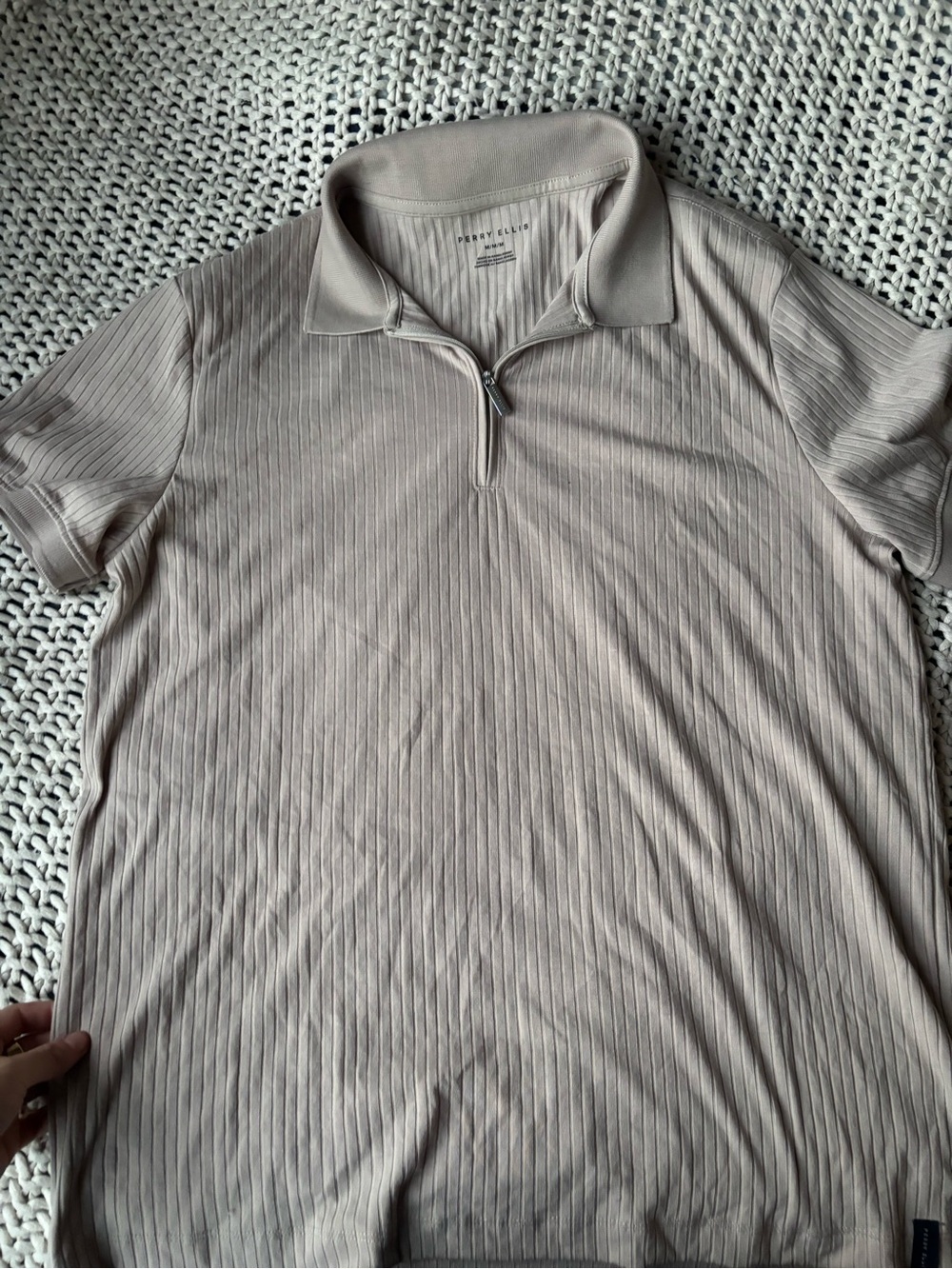 Perry Ellis Taupe Ribbed Short-Sleeve Zip Polo